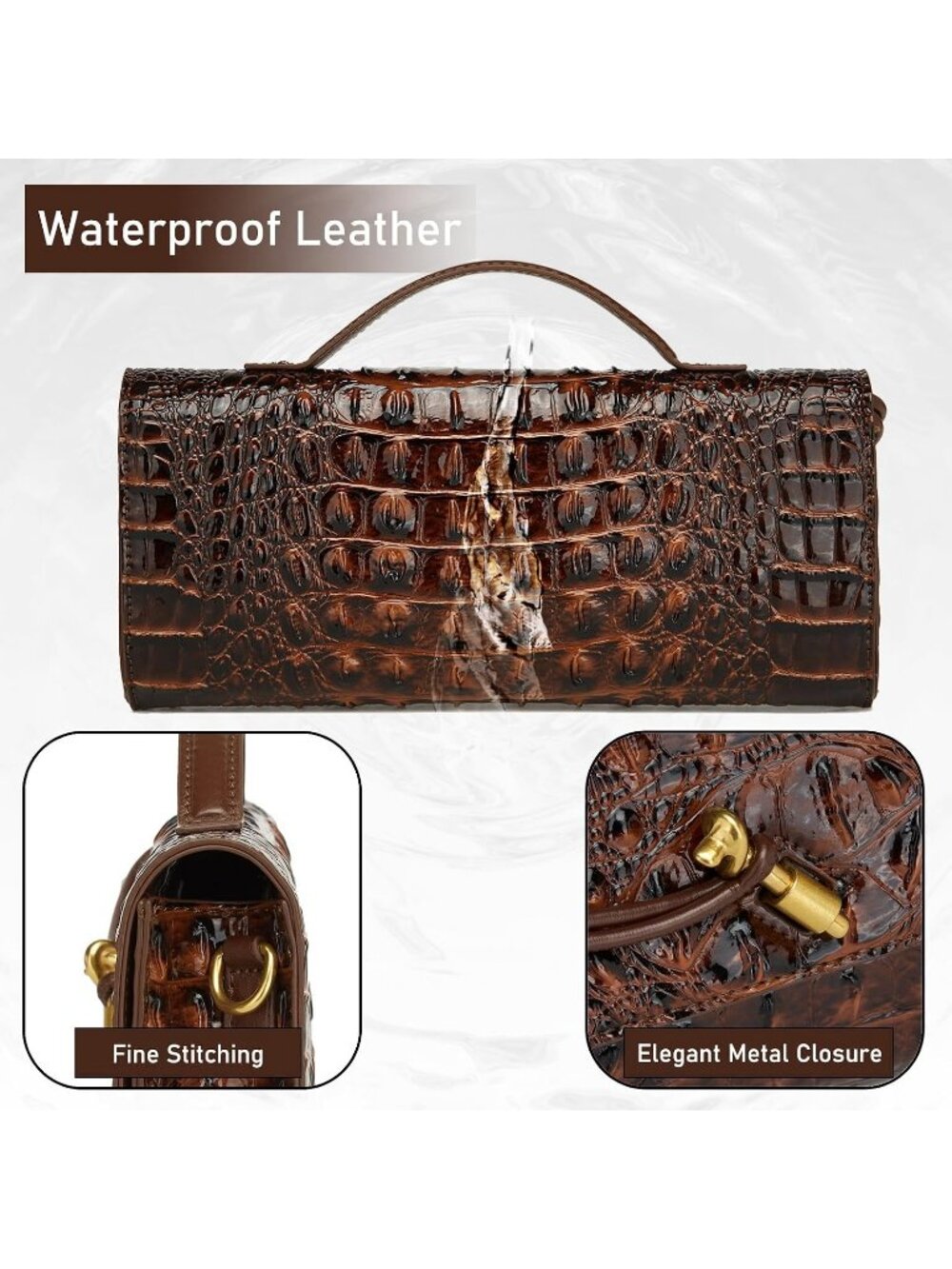 Women's Oil Brown Vegan Leather Clutch Purse Crocodile Evening Crossbody Bag - Picture 6 of 6
